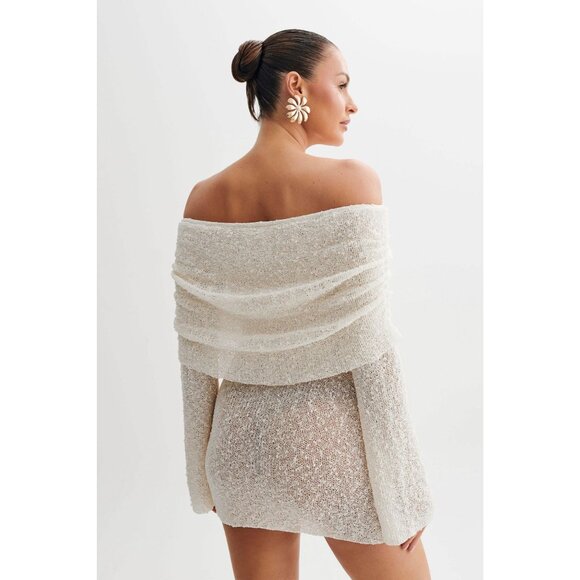 Meshki Marisol Off Shoulder Boucle Mini Dress in Ivory - Picture 3 of 5
